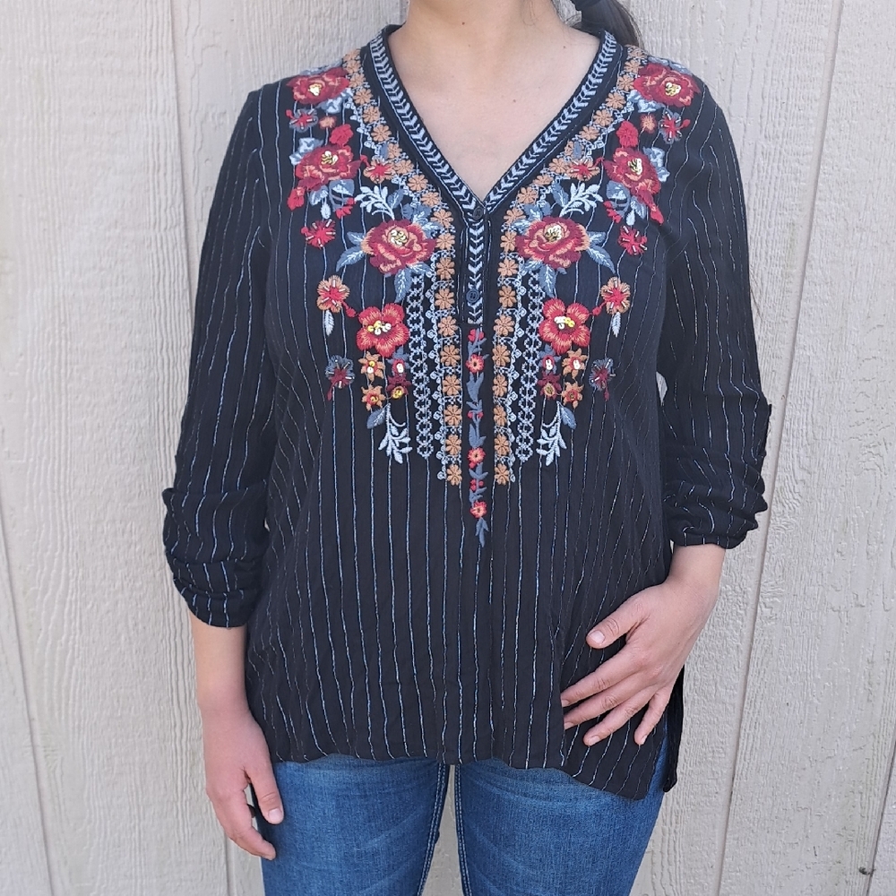 Embroidered Southern Black Floral Women's Top